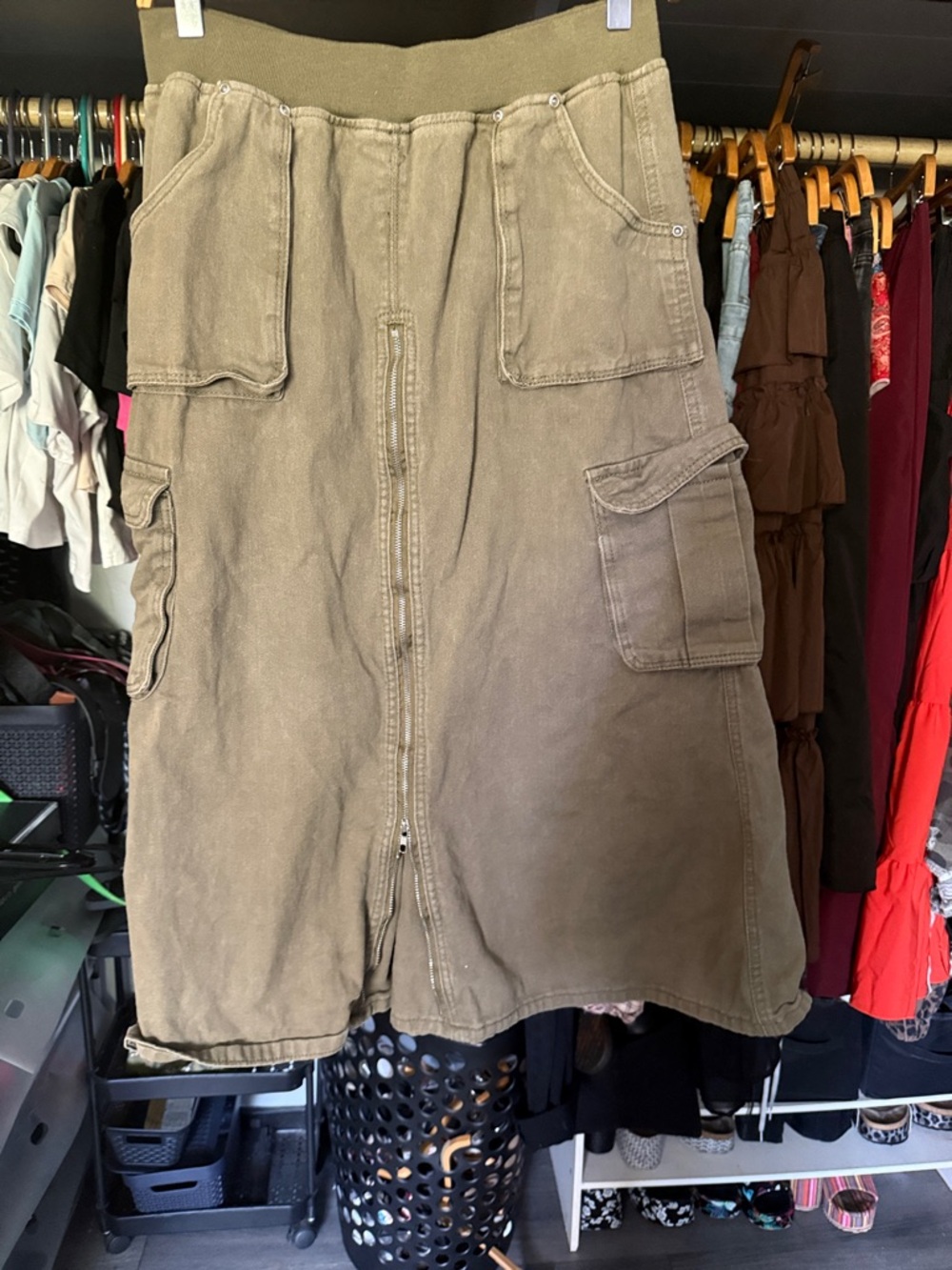 Utility Cargo Zip-Front Skirt in Olive Green